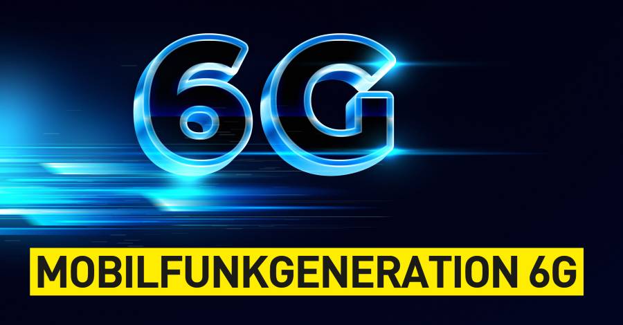Leuchtendes 6G-Schriftzeichen in Blau, darunter Text „Mobilfunkgeneration 6G“.
